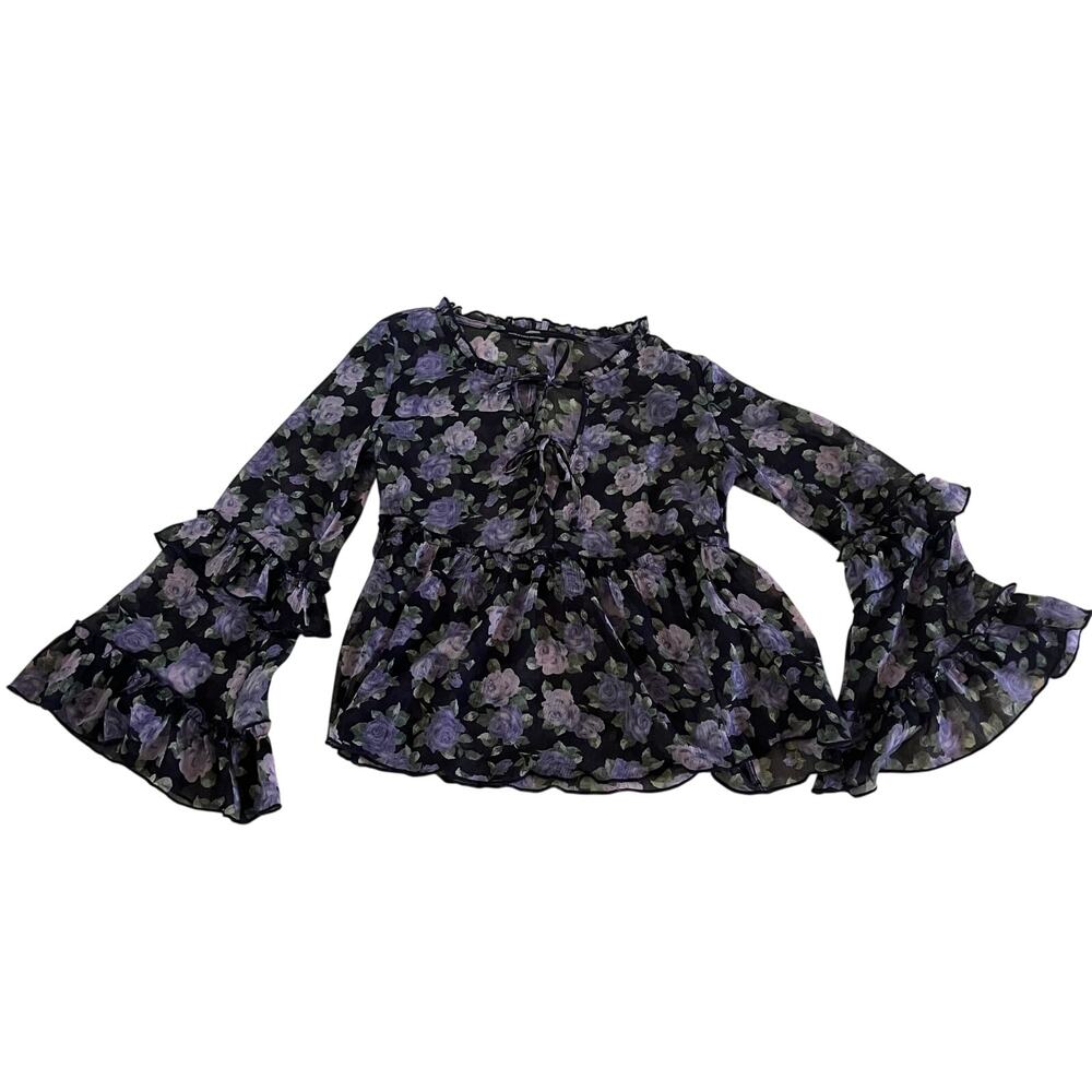 Dark Floral Flowy Gauzy Peasant Bell Sleeve Blouse Sz XS Boho Fairy Grunge